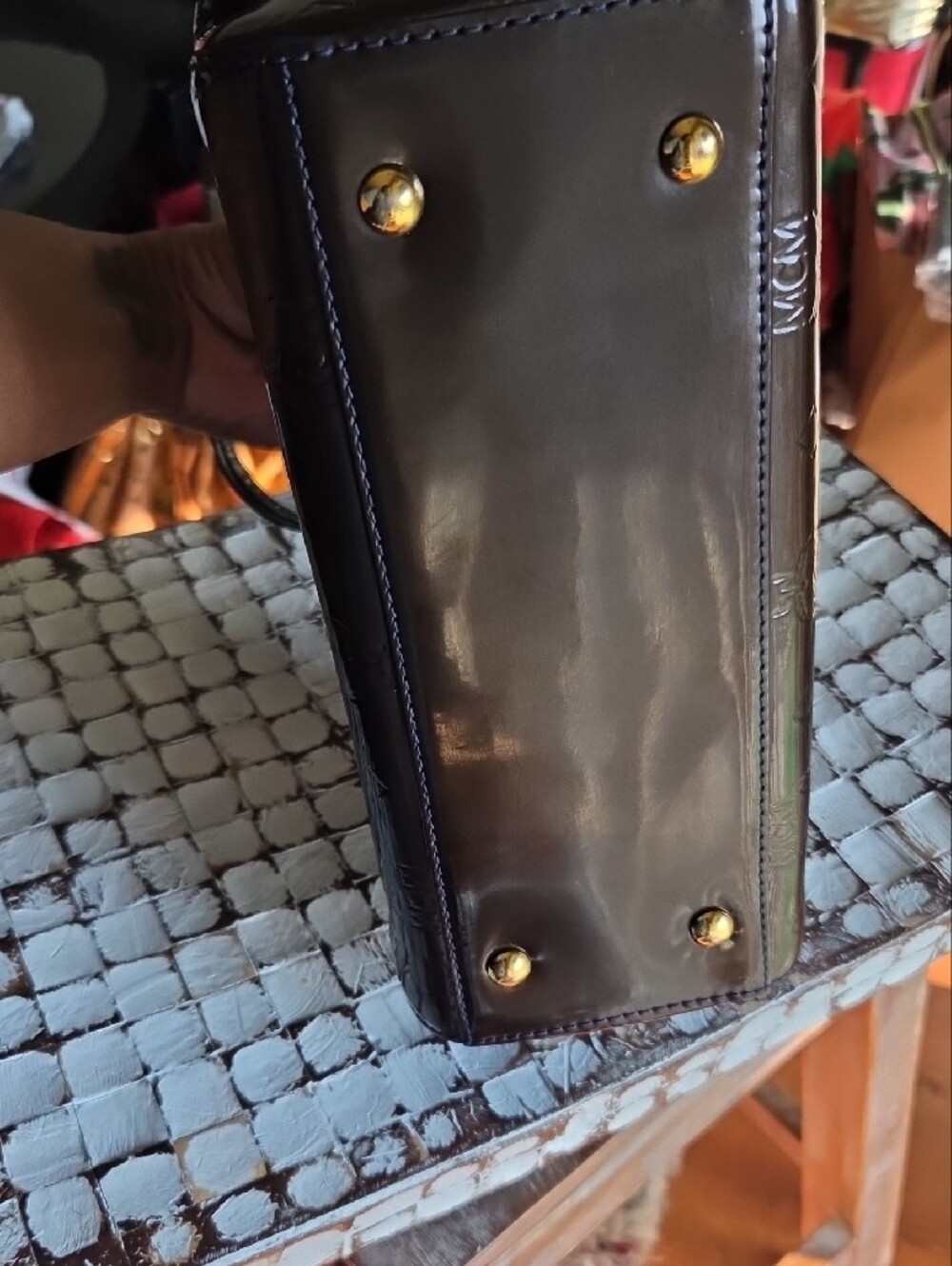 MCM Mini Olive Green & Blue Patent Leather Top-Handle Mini Crossbody - Picture 12 of 16
